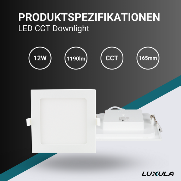 Quadratischer LED Downlight mit 12 Watt, 1190 Lumen und 165 Millimeter Durchmesser