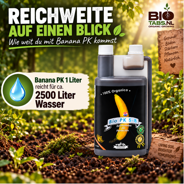 Biotabs Banana PK Fluessigduenger fuer Pflanzen 1 Liter Flasche mit Dosierkammer zur Bluetenfoerderung fuer 2500 Liter Giesswasser