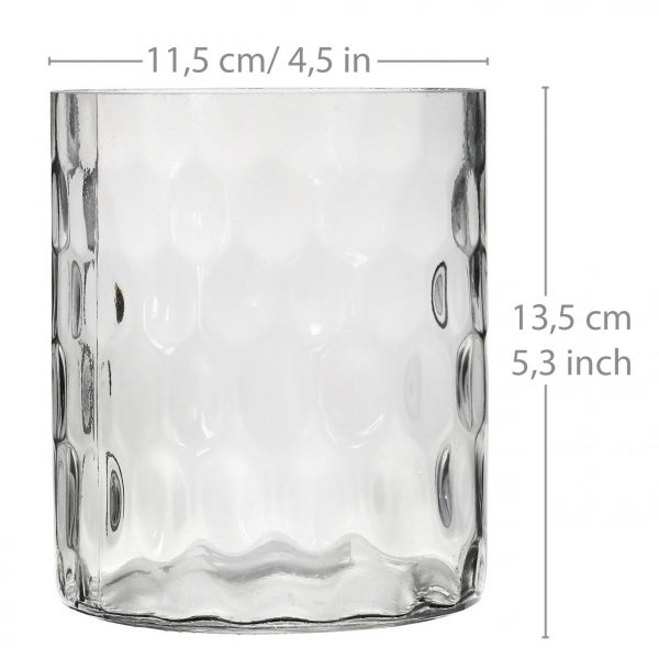Zylindrisches Glasgefäß mit Hammerschlag-Struktur, Durchmesser 11,5 Zentimeter, Höhe 13,5 Zentimeter.