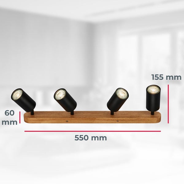 Deckenleuchte mit 4 verstellbaren Strahlern aus Holz und Schwarz, Länge 550, Breite 60, Höhe 155 Millimeter.