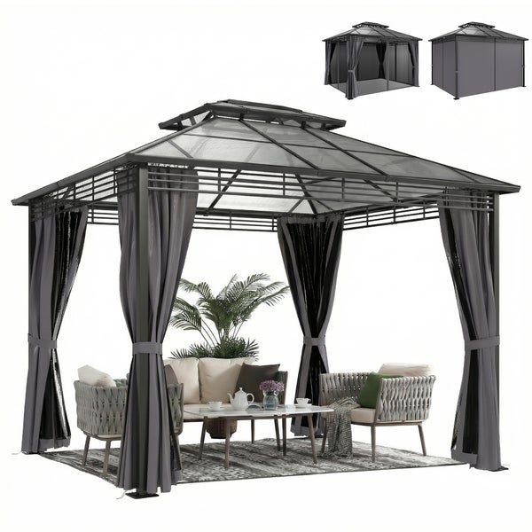 Gartenpavillon aus Metall mit Doppeldach, Vorhängen und Moskitonetz, ausgestattet mit einer Lounge-Sitzgruppe auf einem Teppich.