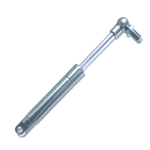 Gasdruckfeder aus silberfarbenem Metall mit Gelenkauge und Kugelgelenk.