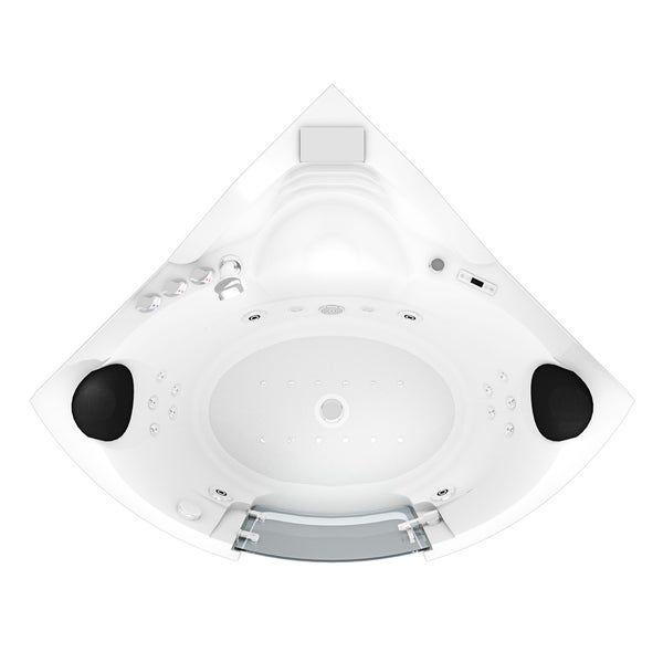 Weiße Eck-Whirlpool-Badewanne in Dreiecksform aus der Vogelperspektive mit schwarzen Kopfstützen, Massagedüsen und einer Glasscheibe.