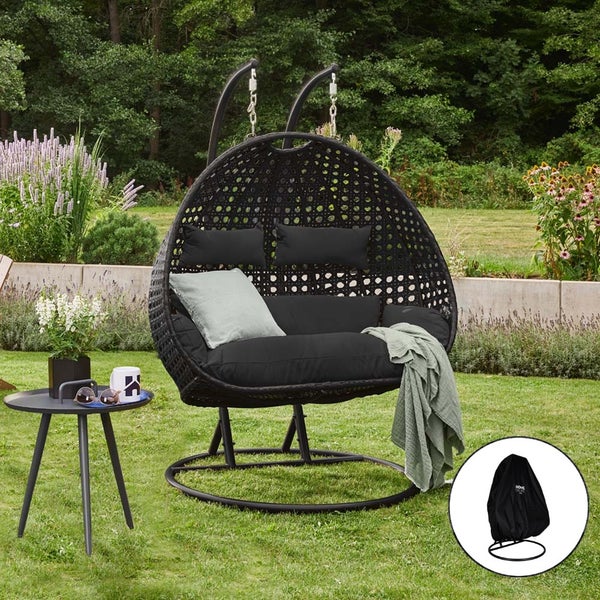 Home Deluxe - Hängesessel TWIN - Schwarz, Höhe 195 cm - inkl. Regenabdeckung, Gestell, Sitz- und Rückenkissen I Polyrattan Hängestuhl Gartenschaukel Hängekorb