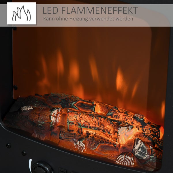 Elektrischer Kamin mit LED-Flammeneffekt und realistischen Holzscheiten, unabhängig von der Heizfunktion nutzbar.