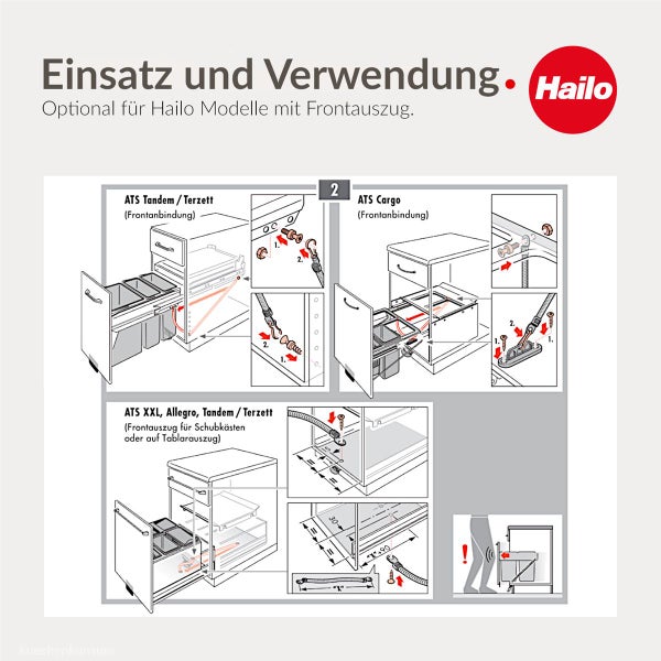 Technische Zeichnungen zur Montage und Verwendung von Hailo Abfallsammelsystemen mit Frontauszug für die Modelle ATS Tandem, Terzett, Cargo und Allegro. Hailo Logo.