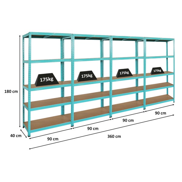 BERLINLODGE Mega Deal 4x Wohnregal GREEN HULK, HxBxT 180x90x40cm, Fachlast 175kg, 5 Ebenen, Grün, Bücherregal, Standregal, Büroregal