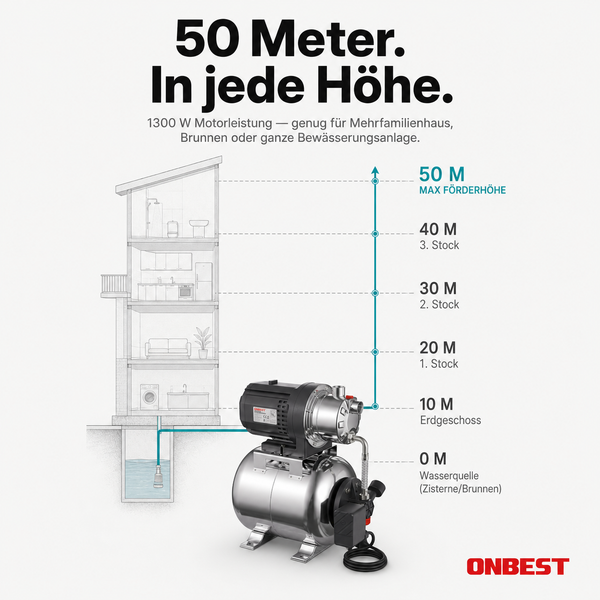 Hauswasserwerk mit 1300 Watt Motorleistung für eine maximale Förderhöhe von 50 Meter in einem Mehrfamilienhaus. ONBEST Logo.