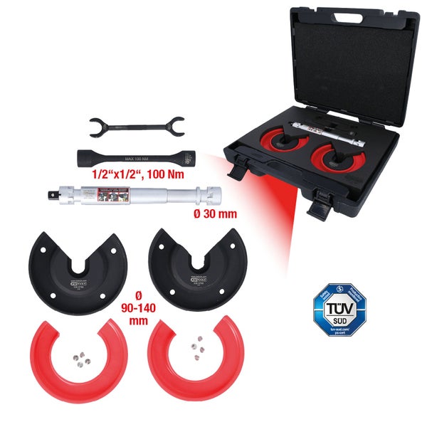 Werkzeugsatz mit Drehmomentschlüssel, Drehmomentverlängerung, Maulschlüssel, Gegendruckplatten und Druckstücke im Koffer