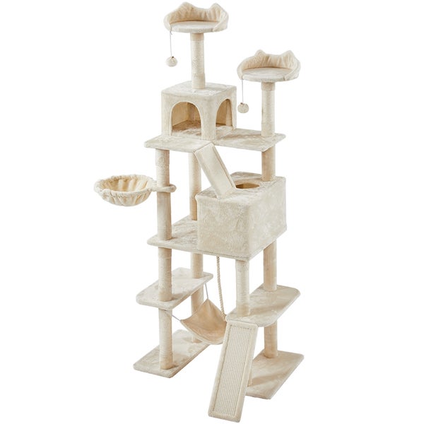 Beiger Kratzbaum mit Plattformen, Höhle, Hängematte und Kratzflächen für Katzen