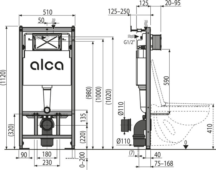Maßzeichnung eines alca WC-Vorwandelements mit Frontansicht und Seitenansicht inklusive detaillierter Maße in Millimetern.