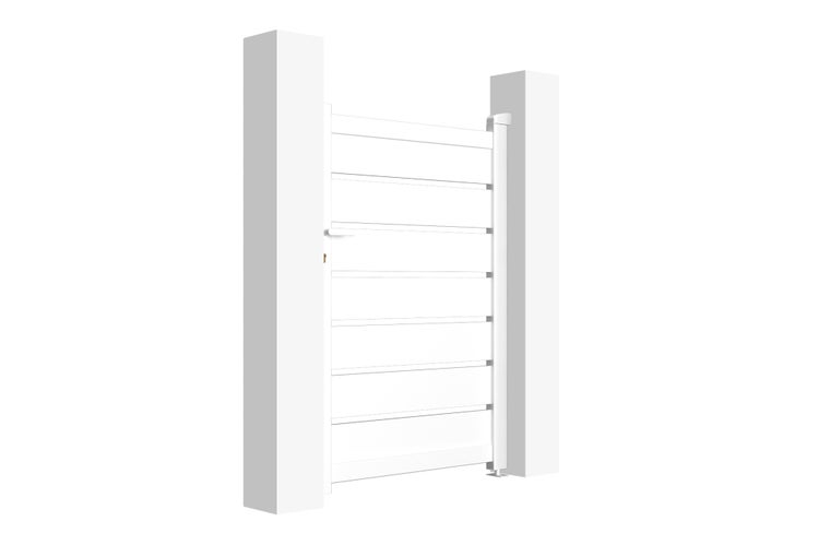 Weiße Gartentür mit horizontalen Lamellen