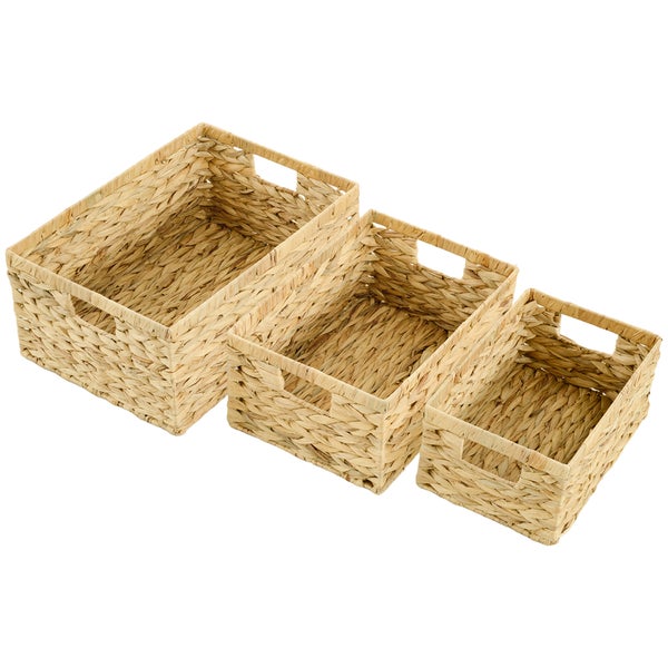 HOMCOM 3er-Set Aufbewahrungskorb, geflochtener Körbe aus Wasserhyazinthe, zum Aufbewahrung und Organisieren, für Wohnzimmer, Küche, Schlafzimmer, Naturholz