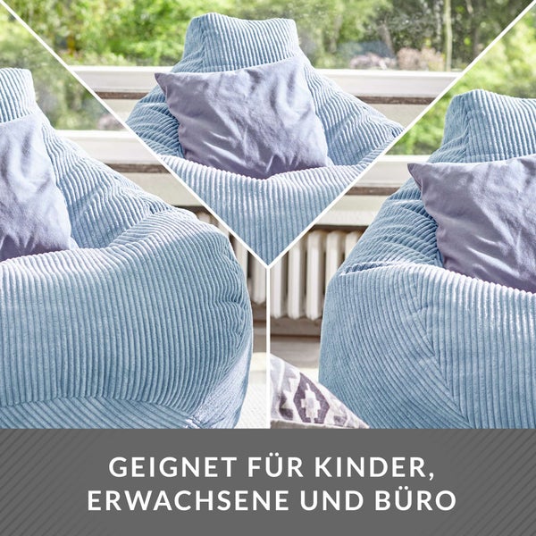Green Bean Sitzsack mit Rückenlehne 80x80x90cm - Gaming Chair mit 230L Füllung Cordstoff - Bean Bag Bodenkissen Lounge Sitzhocker Relax-Sessel Gamer Gamingstuhl Hellblau