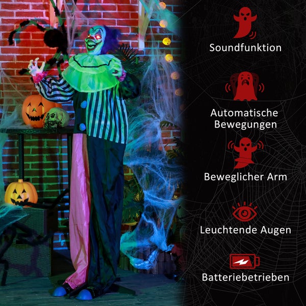 Animierter Halloween Clown mit Soundfunktion, automatischen Bewegungen, beweglichem Arm und leuchtenden Augen, batteriebetrieben