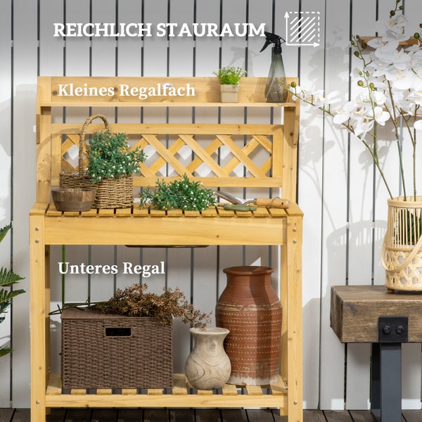 Outsunny Pflanztisch, Arbeitstisch mit ausziehbarer Tischplatte, 2 Ablagefächern, Gärtnertisch mit integriertem Edelstahl-Spülbecken, Blumentisch aus Massivholz, 92 x 45 x 120 cm, Braun