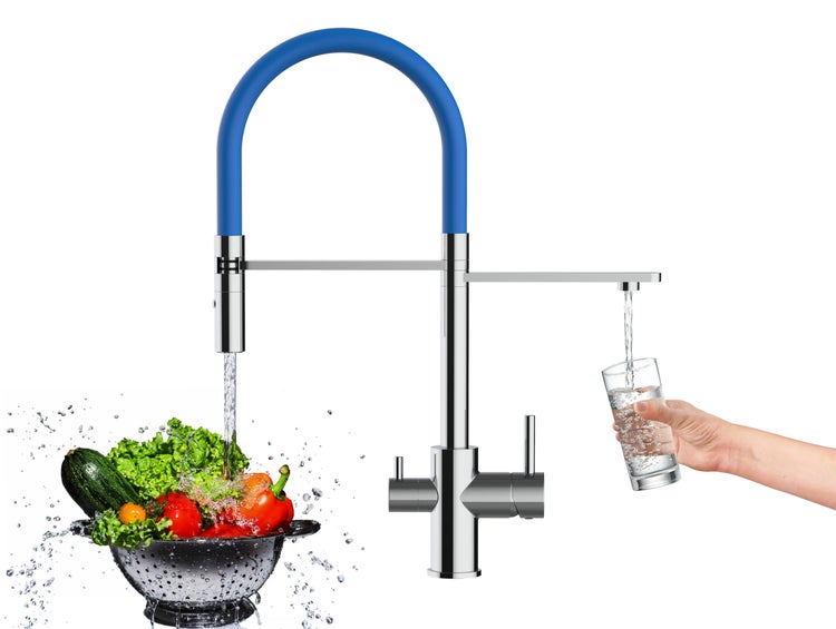 3 Wege Wasserhahn Küchenarmatur, FL, mit 360° schwenkbarem Auslauf, abnehmbare 2 strahl Handbrause, Verchromt / Blau