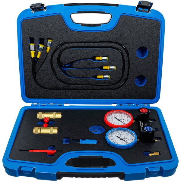 R744 CO2 Monteurhilfe Set im blauen Transportkoffer mit Manometern, Schläuchen und Adaptern.