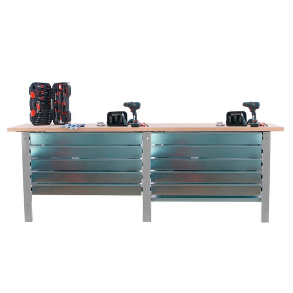 Werkbank BUFFALO WOOD mit 10x Schublade| HxBxT 86,5x260x75cm | Traglast 1000kg | Grau