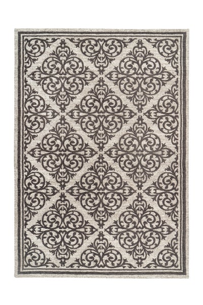 Rechteckiger Teppich mit großflächigem Ornament-Muster in Beige und Grau mit umlaufender Bordüre.