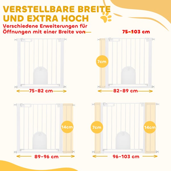 Weißes Schutzgitter, extra hoch, verstellbare Breite von 75 bis 103 Zentimeter durch Erweiterungen von 7 und 14 Zentimeter.