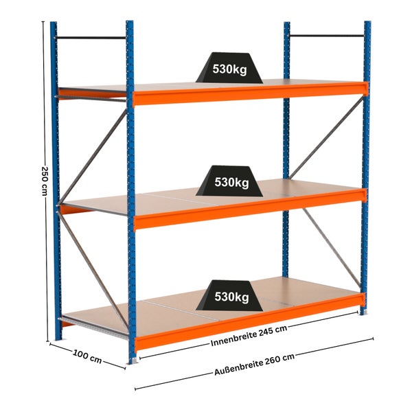 Metallregal mit drei Ebenen und Gewichtsangabe 530 Kilogramm pro Ebene
