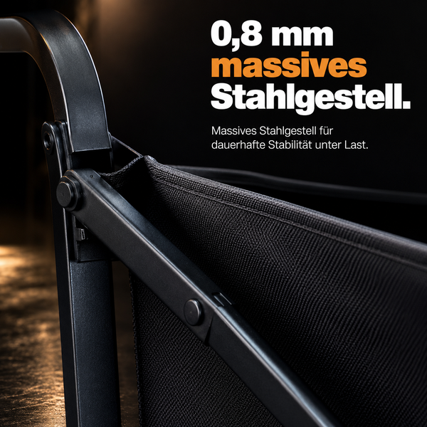 Nahaufnahme eines massiven Stahlgestells mit einer Dicke von 0,8 Millimetern für hohe Stabilität unter Last an einem Transportwagen.