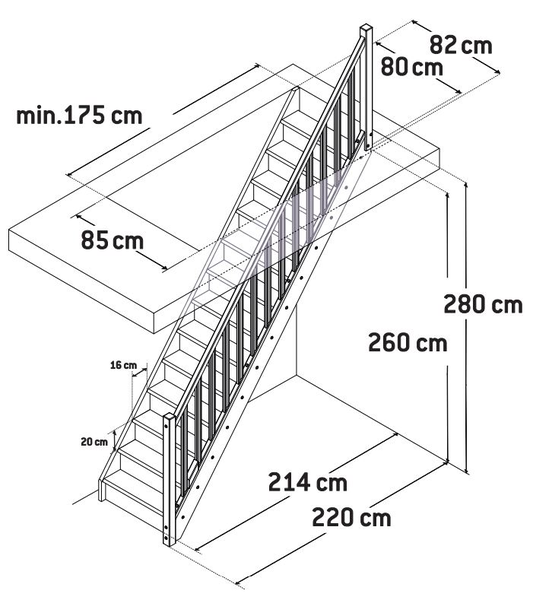 Gerade Treppe aus Kiefernholz BUDGET+ – Treppe mit Setzstufe und Geländer – 80 cm breit – für Höhe 280 cm