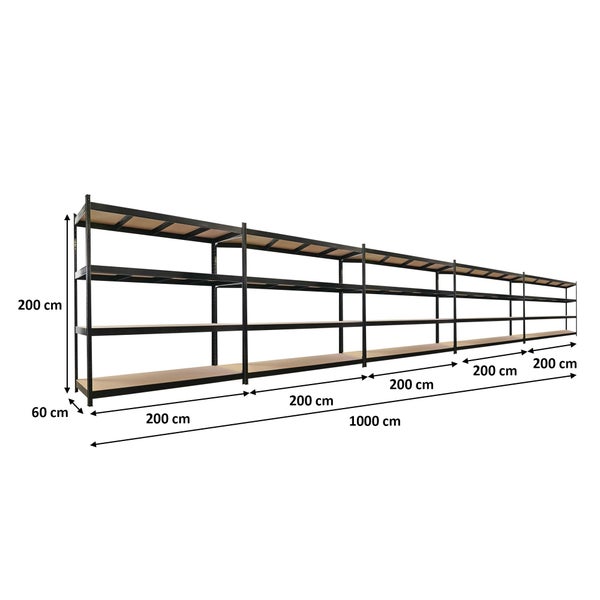 Schwerlastregal aus Metall mit Holzfachböden, 200 cm hoch, 60 cm tief, Gesamtlänge 1000 cm bestehend aus fünf Modulen à 200 cm.