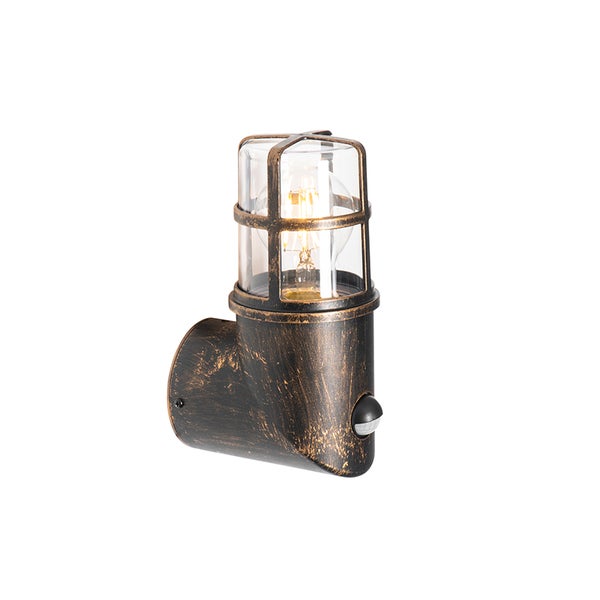 Rustikale Außenwandleuchte in Bronze-Optik aus Metall und Glas mit Bewegungsmelder, Käfig-Design und sichtbarem Leuchtmittel.