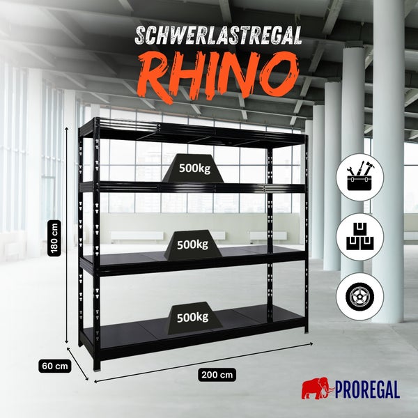 Schwarzes Metall-Schwerlastregal Rhino von Proregal, vier Fachböden, Maße 180 x 200 x 60 Zentimeter, Traglast 500 Kilogramm pro Boden.