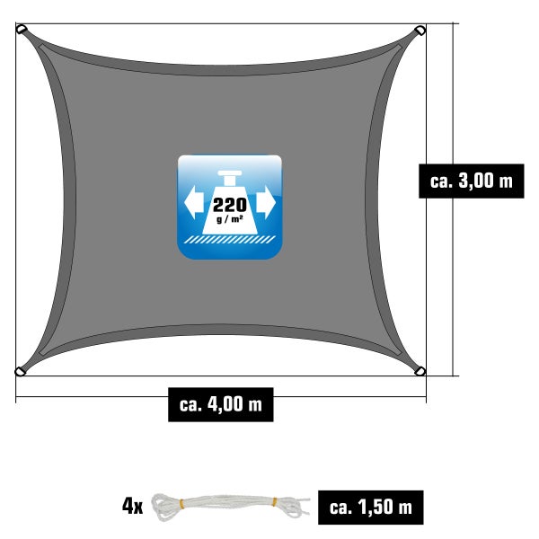 AMANKA UV Sonnensegel - 3x4 m HDPE Rechteckig - Sonnenschutz Plane Überdachung Garten Balkon Grau