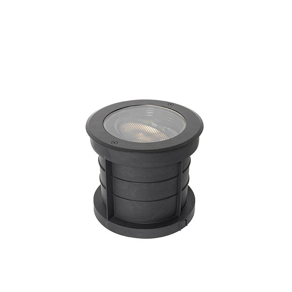 Runder Boden-Einbaustrahler aus schwarzem Kunststoff mit einer Glasabdeckung für den Außenbereich.