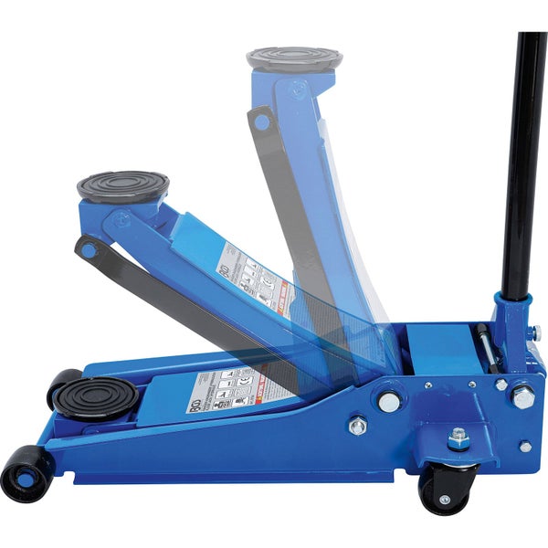 Blauer hydraulischer Rangierwagenheber aus Metall mit Darstellung verschiedener Hubhöhen.