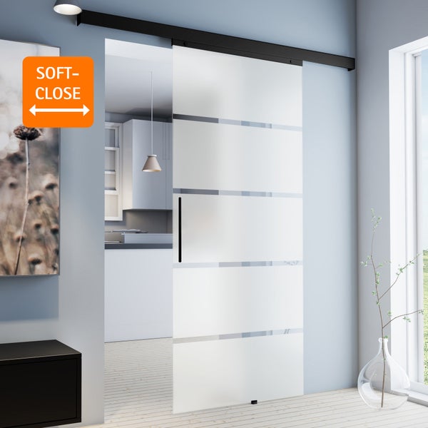 Tür Schiebetür Komplettset Glas Blockstreifen 900x2035 Zimmertür Glasschiebetür Glastür schwarze Beschläge -  Stabgriff+2seitiger Softclose