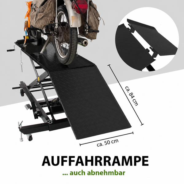 Abnehmbare Auffahrrampe für eine Motorradhebebühne, circa 84 Zentimeter lang und 50 Zentimeter breit, mit rutschfester Oberfläche.