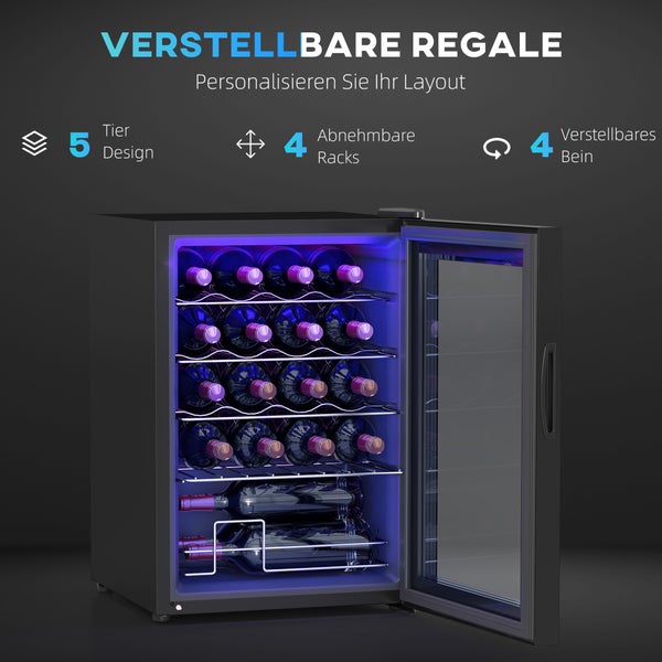 Weinkühlschrank mit offener Glastür, fünf Ebenen, vier herausnehmbaren Regalen und vier verstellbaren Standfüßen.