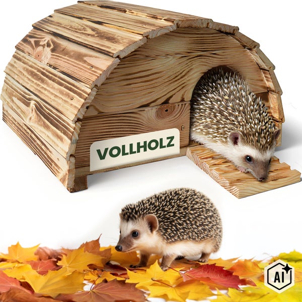 Igelhaus aus Vollholz mit gewölbtem Dach und zwei Igeln im Herbstlaub