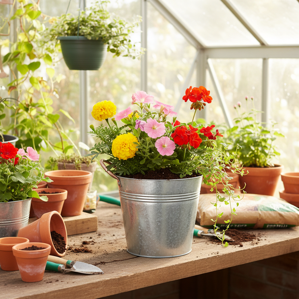 Helles Gewächshaus mit Sommerblumen in einem Zinkeimer und Tontöpfen auf einem Arbeitstisch aus Holz sowie Gartenwerkzeug und Blumenerde.
