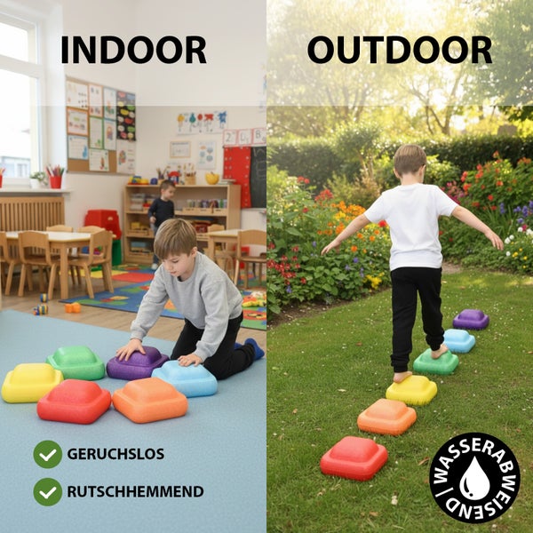 Indoor- und Outdoor-Szene mit Kindern, die auf Spielsteinen balancieren, geräuschlos, rutschhemmend und wasserabweisend