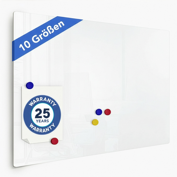 Magnetische Glas-Whiteboard mit 25 Jahren Garantie und Hinweis auf 10 Größen