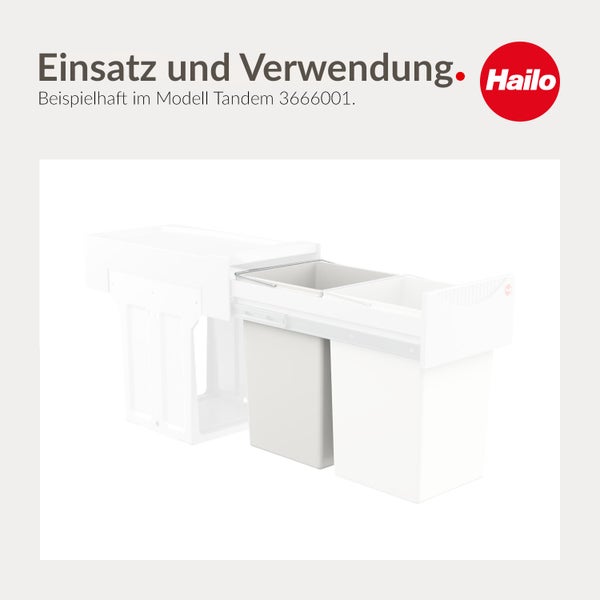Ausziehbarer Abfallsammler Hailo Tandem mit zwei unterschiedlich großen Eimern für den Einbau in Küchenunterschränke. Hailo Logo.