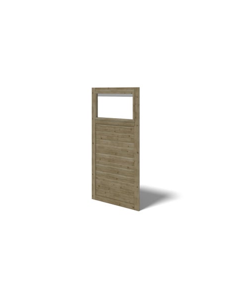 Wandelement aus Holz für Gartenhaus mit rechteckigem Fenster im oberen Bereich und waagerechten Holzlamellen.