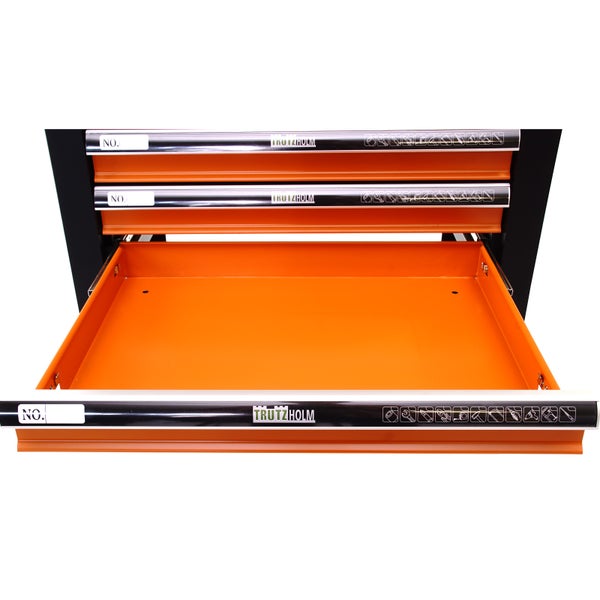 Werkstattwagen Werkzeugwagen 4 Schubladen bestückt orange Massivholz Platte Profi Compact