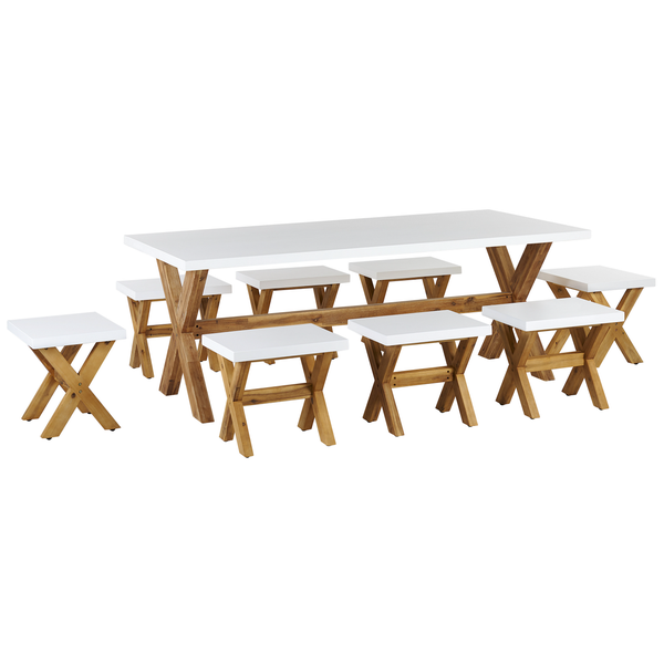 Gartentischgruppe mit Tisch und Hockern aus Holz