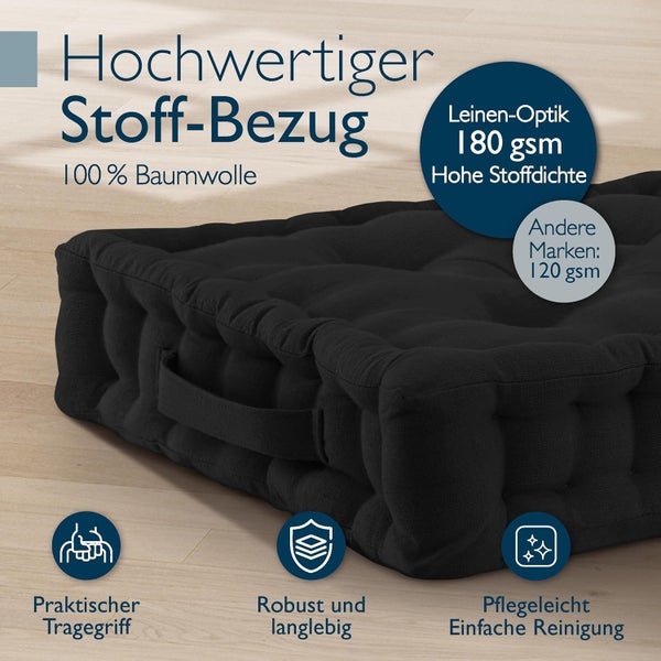 Bodenkissen aus 100 Prozent Baumwolle in Leinenoptik mit Tragegriff und hoher Stoffdichte von 180 Gramm pro Quadratmeter.