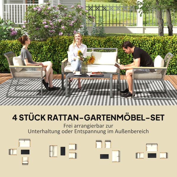 Outsunny Polyrattan Gartenmöbel Set 4 Personen wetterfest Balkonmöbel-Set mit 2er Sofa, 2 Stühle Glastisch Kissen Outdoor Sitzgruppe Gartengarnitur Gartenlounge für Garten Balkon Grau+Beige