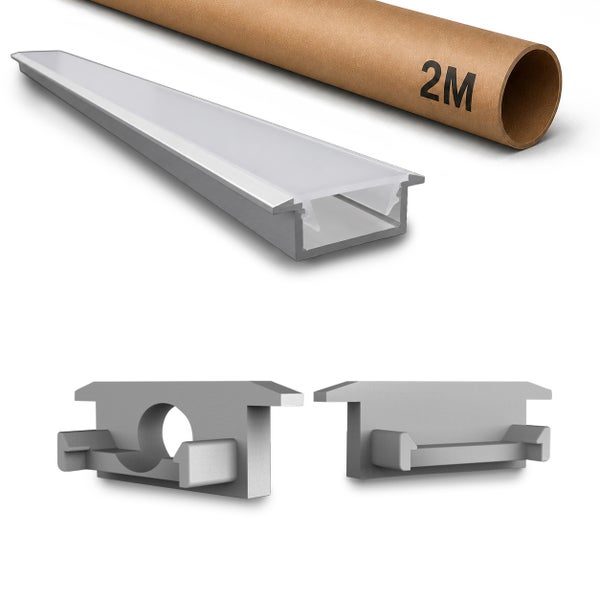 Einbauprofil für LED Streifen aus Aluminium mit Abdeckung in einer zwei Meter Schutzhülle sowie zwei Endkappen.