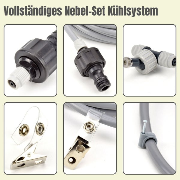 Vollständiges Nebel-Set Kühlsystem mit Detailansichten von Anschlüssen, Sprühdüsen, Schlauchclips und Befestigungsmaterial.