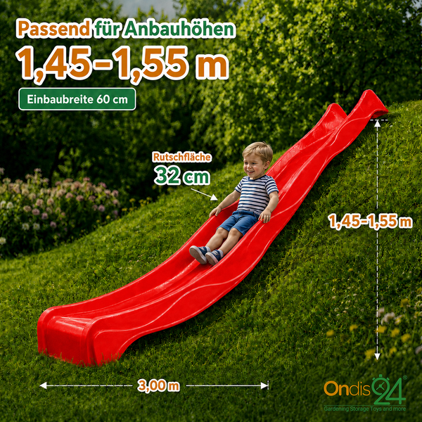 Rote Wellenrutsche auf Grashang mit Kind. Maße: Anbauhöhe 1,45 bis 1,55 Meter, Länge 3 Meter. Ondis24 Logo.